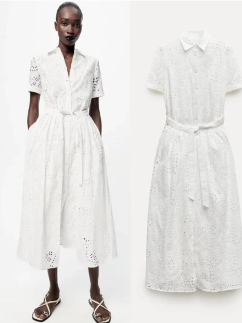 Zara white embroidered midi shirt dress